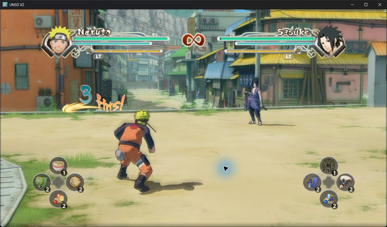 Training screenshot showing Naruto versus Sasuke and a 3 Hits counter